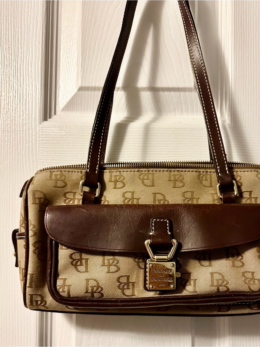 Dooney & Bourke Beige Signature Canvas Shoulder Bag with Brown Leather Trim